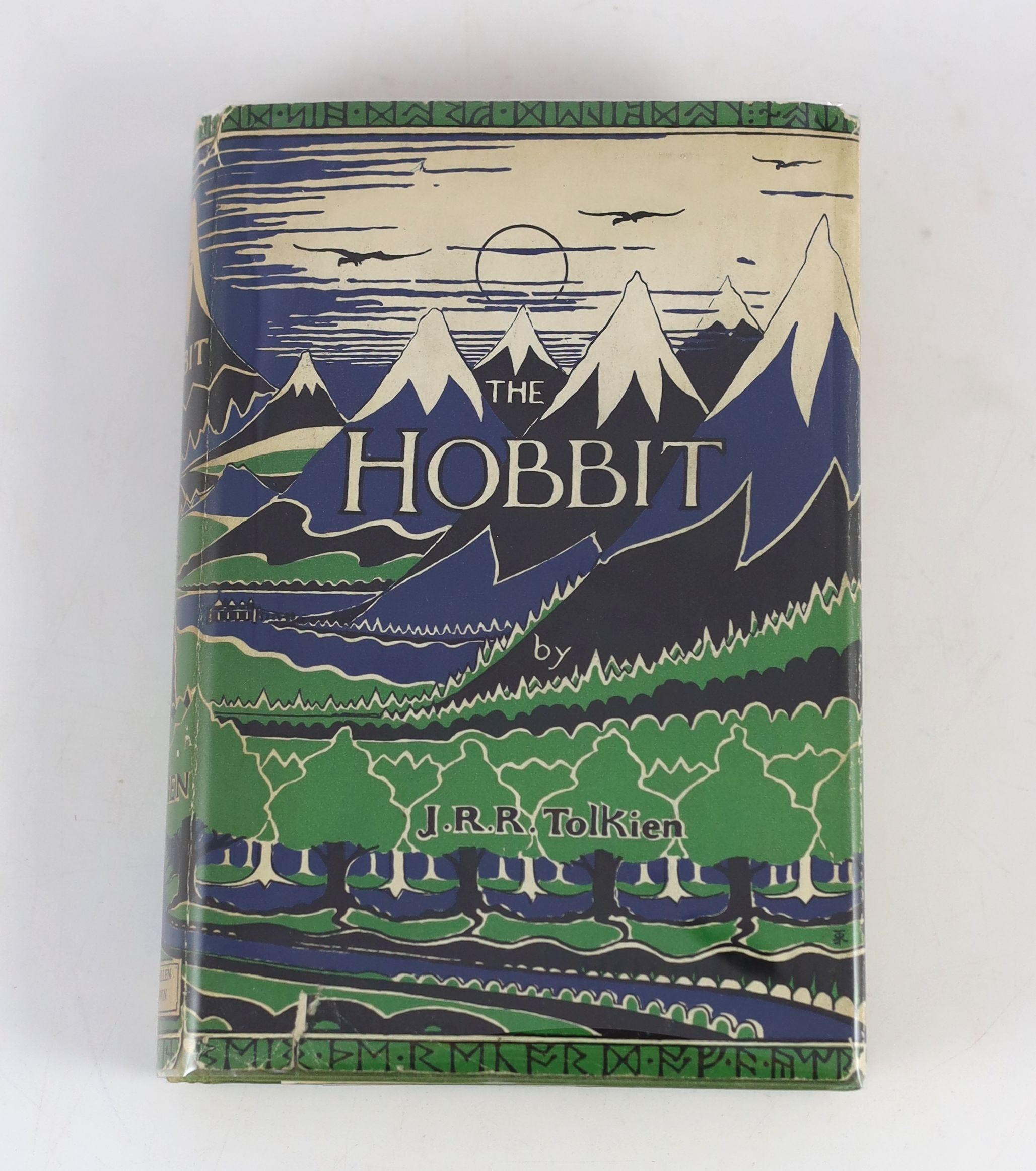 Tolkien, John Ronald Reuel - The Hobbit, 2nd edition, 14th impression, with colour frontispiece, map endpapers, original green cloth in clipped d/j, spine with minor tears and loss, ownership inscription in red ink to fr